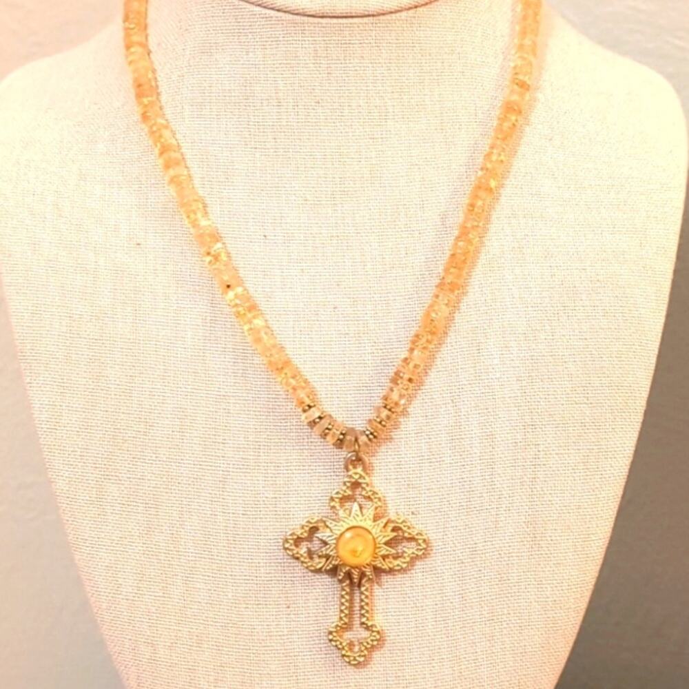 Genuine Citrine Bead Chain & Gold Tone Cross Pendant W/ Hook Closure
